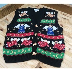VTG Sweater Loft Christmas Vest Womens M 3D angel buttons grandmacore teacher